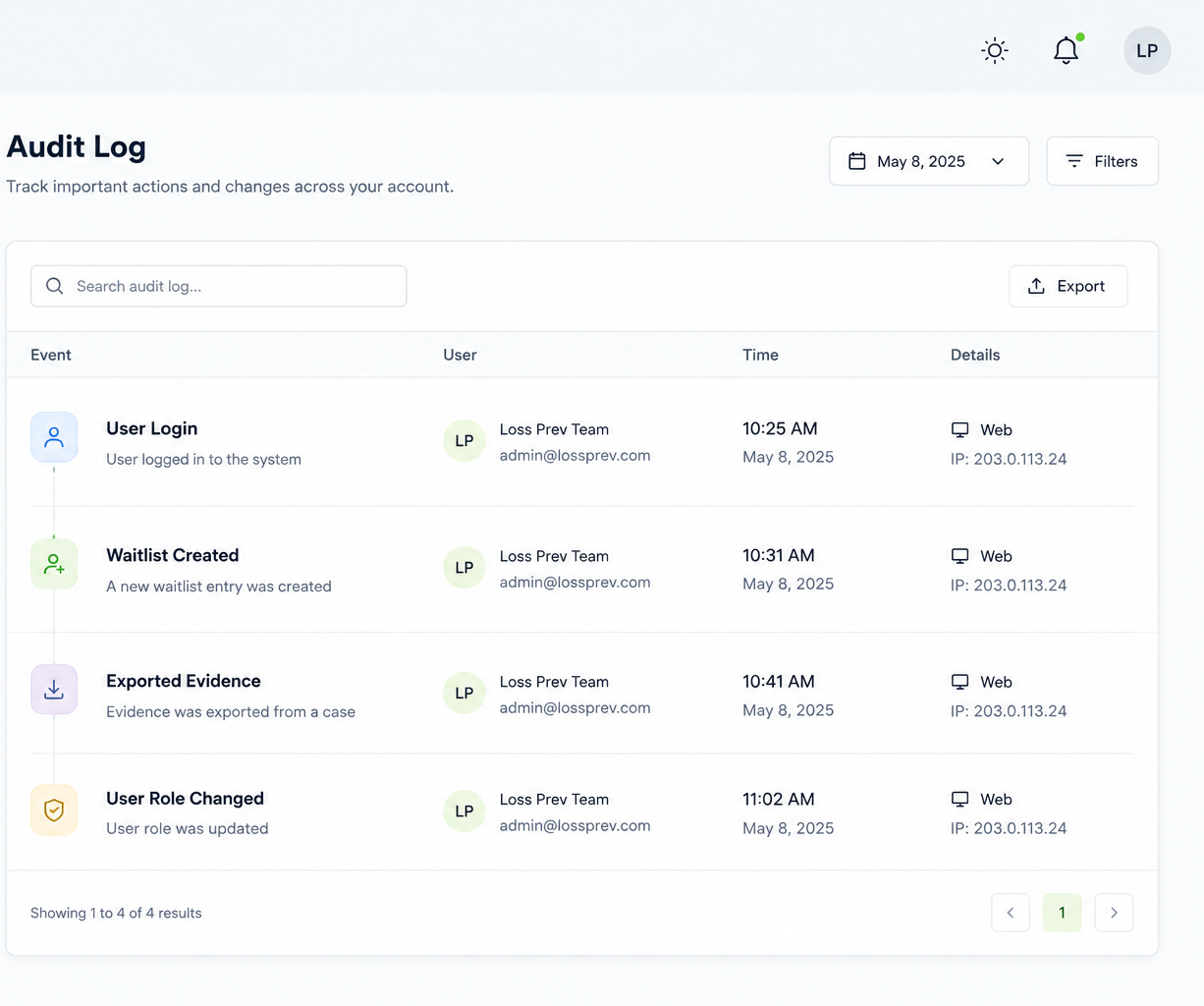 Audit log tracking logins, exports and role changes across the account