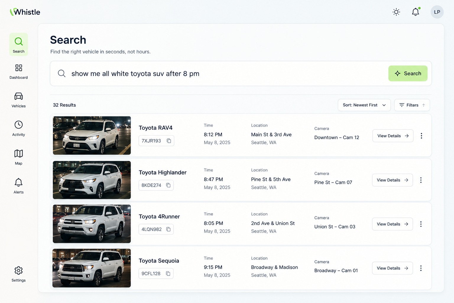 Whistle search results for white Toyota SUVs with plates, times and cameras