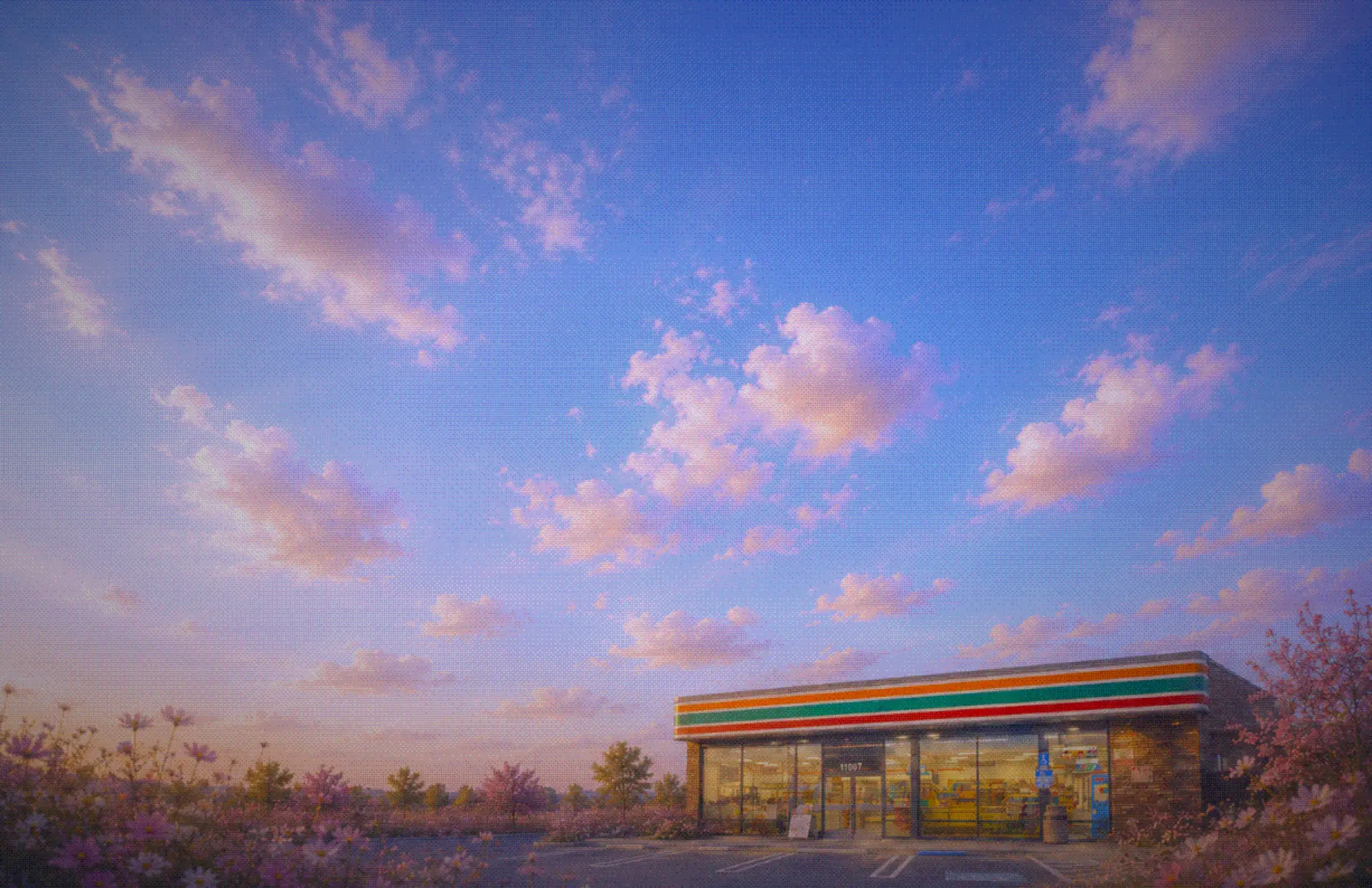 Convenience store at sunrise surrounded by blossoming flowers